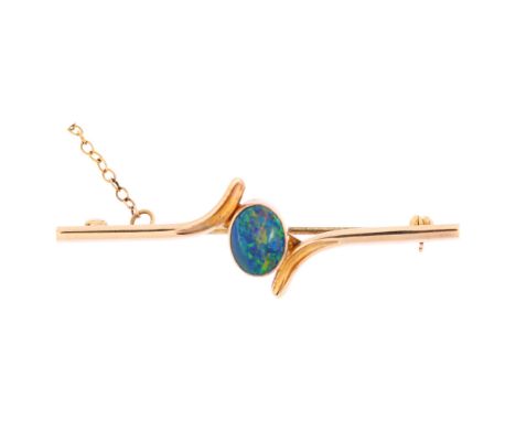 An Australian 9ct gold opal doublet bar brooch, G&E Rodd of Melbourne, brooch length 50.6mm, 3.1gNo damage or repair, opal ha