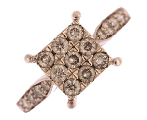 A modern 18ct white gold diamond square cluster ring, set with modern round brilliant-cut diamonds, and diamond set shoulders