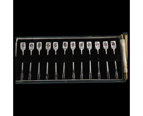 GARRARD & CO - a cased set of 12 Elizabeth II novelty silver and enamel playing card cocktail sticks, hallmarks Birmingham 19