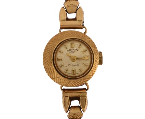 ROTARY - a lady's 9ct gold mechanical wristwatch, silvered dial with applied gilt baton hour markers and 9ct strap, 21 jewel 
