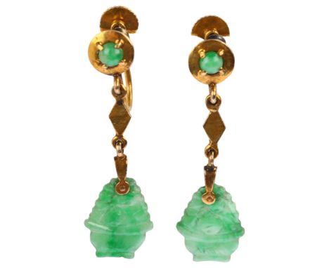 A pair of Chinese 14ct gold jade 'Basket Of Fruit' drop earrings, with circular cabochon jade screw-back fittings, earring he