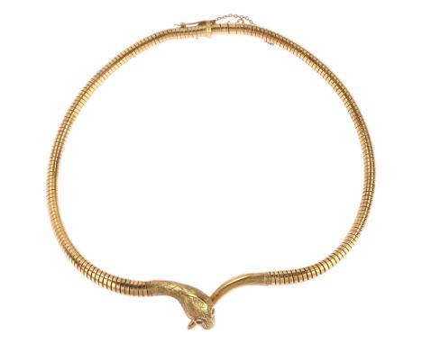A mid-20th century 9ct gold ruby figural snake necklace, engrave head with gas-pipe body, Smith & Pepper Ltd, Birmingham 1959