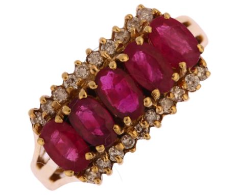 A modern 9ct gold ruby and diamond half hoop ring, set with oval mixed-cut rubies and modern round brilliant-cut diamonds, QV