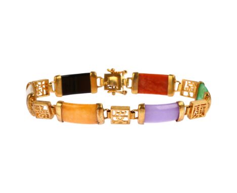 A Chinese silver-gilt hardstone panel bracelet, length 19cm, maker's marks JC, 13.3gNo damage or repair, all stones present, 