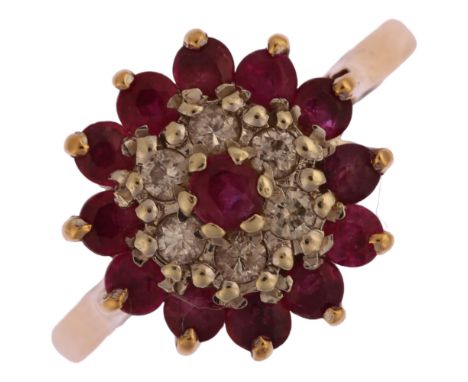 A modern 9ct gold ruby and diamond flowerhead cluster ring, setting height 13.5mm, size P, 3.4gNo damage or repairs, all ston