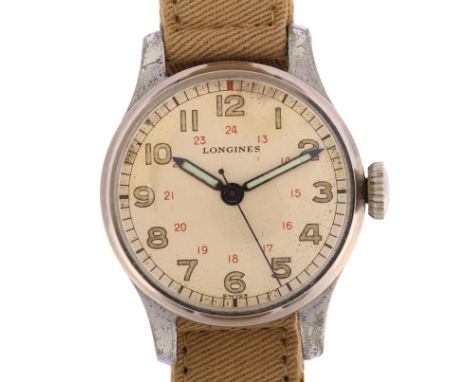 LONGINES - a Second World War Period stainless steel mechanical wristwatch, ref. 1247, circa 1940s, silvered dial with Arabic