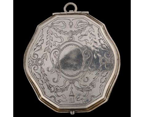 A 19th century Italian silver and rose gold locket pendant, circa 1820, allover engraved Adams style floral swag decoration, 