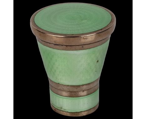 LENK - an Art Deco Austrian green enamel walking cane knop, unmarked white metal settings with engine turned guilloche decora