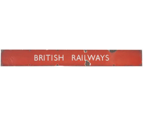 BR(NE) Quad Royal enamel poster board heading BRITISH RAILWAYS in full. Measures 50in x 6in and is in good condition with som