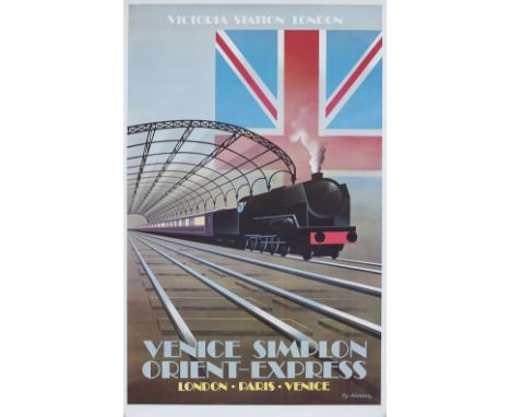 Poster VENICE SIMPLON ORIENT EXPRESS VICTORIA STATION LONDON by Fix-Masseau 1979. First edition printed in France 1981. Doubl