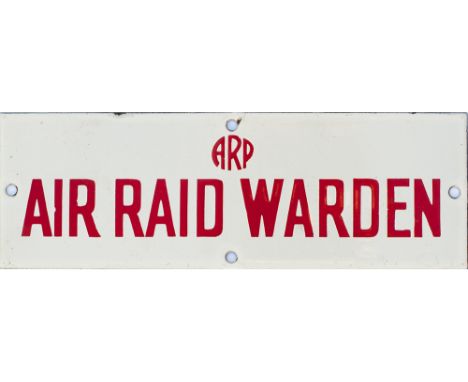 Enamel sign ARP AIR RAID WARDEN, white on red. Measures 9in x 3in and is in excellent condition.
