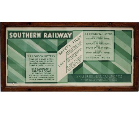 Southern Railway carriage print SOUTHERN RAILWAY SR PROVINCIAL HOTELS, SR LONDON HOTELS. In original glazed frame measures 22
