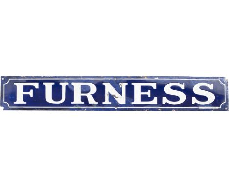 Furness Railway enamel Double Royal poster board heading. Measures 26.5in x 4in and has had some restoration.