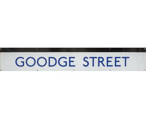 London Underground enamel frieze sign GOODGE STREET measuring 60.5in x 9.75in. In very good condition.