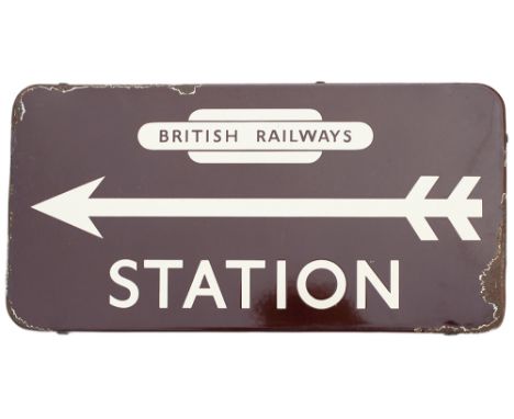 BR-W double sided enamel direction sign BRITISH RAILWAYS STATION with arrow. Both sides in good condition with some chipping.