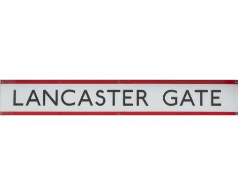 London Underground enamel frieze sign LANCASTER GATE measuring 57in x 9in. In very good condition.