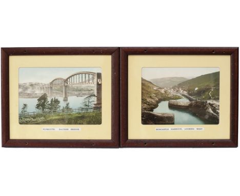 GWR pre-war Photochrom colour-tinted panel Carriage Panels x 2 SALTASH BRIDGE, PLYMOUTH and BOSCASTLE HARBOUR, LOOKING WEST [