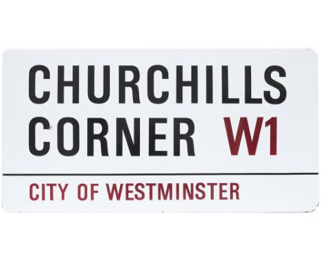 Enamel road sign CHURCHILLS CORNER W1 CITY OF WESTMINSTER.  Fully flanged, measures 33.5in x 17.5in, and is in excellent cond