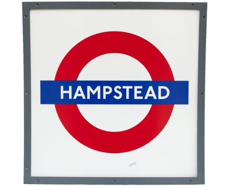 London Transport Underground enamel target/ bullseye sign HAMPSTEAD complete with rectangular aluminium frame, slightly curve
