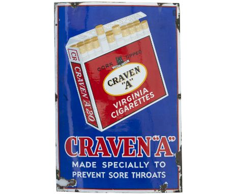 Advertising enamel sign CRAVEN A VIRGINIA CIGARETTES MADE SPECIALLY TO PREVENT SORE THROATS. Good colour and shine with minor