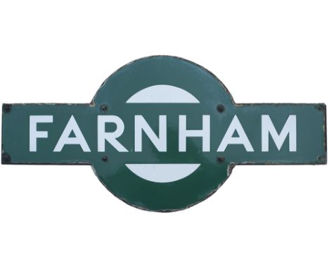 Southern Railway enamel target sign FARNHAM from the former London and South Western Railway station between Aldershot and Al