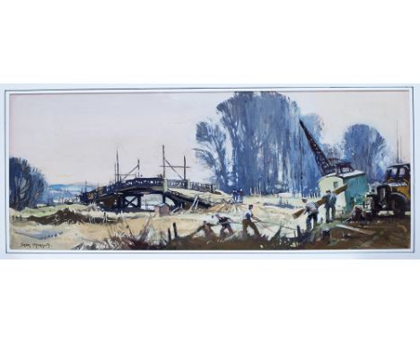 Original Gouache painting BRIDGE BUILDERS, NEAR PULLBOROUGH by Jack Merriott circa 1950's. Produced in carriage print format 