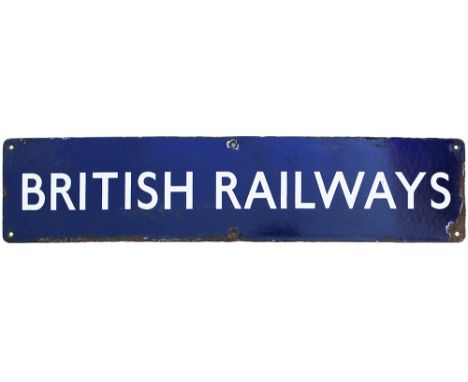 BR(E) enamel Double Royal poster board heading BRITISH RAILWAYS. Measures 25.5in x 6in and is in good condition with some chi