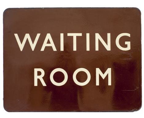 BR(W) FF enamel sign WAITING ROOM. Measures 24in x 18in and is in good condition.