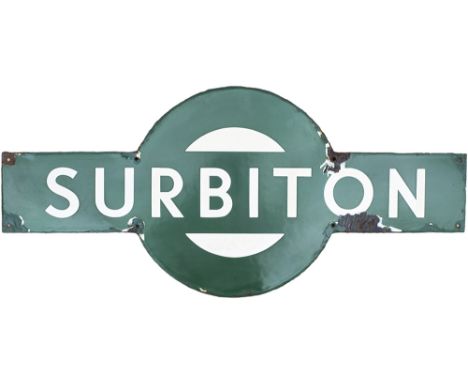 Southern Railway enamel target sign SURBITON from the former LSWR station between Wimbledon and Woking. A rare target that ha