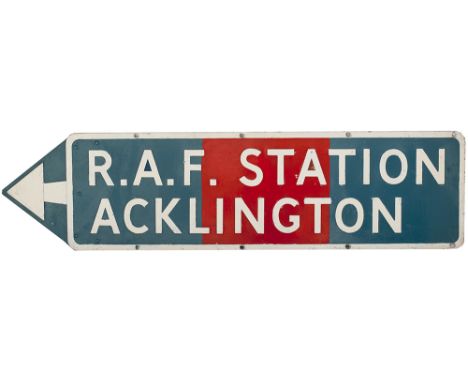 Motoring road sign R.A.F. STATION ACKLINGTON. Pressed Aluminium measures 40in x 10in and is in excellent condition. RAF Ackli
