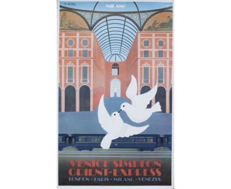 Poster VENICE SIMPLON ORIENT EXPRESS MILANO by Fix-Masseau 1979. First edition printed in France 1982. Double Royal 25in x 40