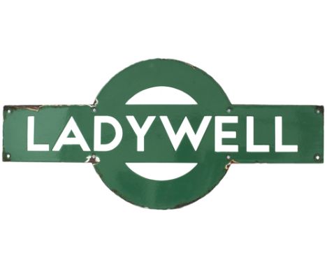 Southern Railway enamel target sign LADYWELL from the former SECR station between New Cross and Catford Bridge. In very good 