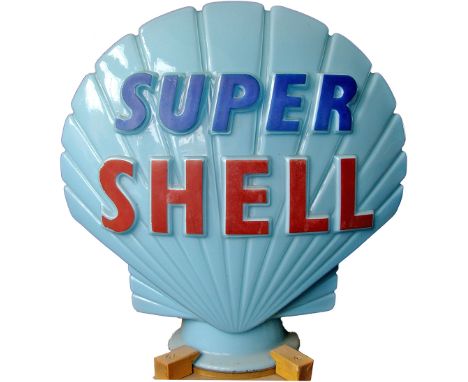 Petrol Pump Globe SUPER SHELL. Light blue background with the word Super in dark blue and Shell in red. Marked on the inside 