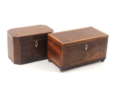 Two George III mahogany tea caddies, comprising a mahogany example of rectangular cut corner form edged in boxwood, the lid a