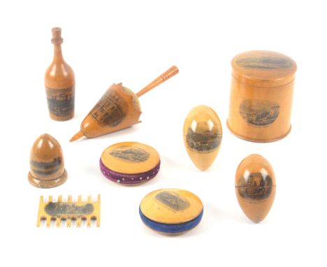 Mauchline Ware - Various Vendors Mauchline ware - sewing, nine pieces, comprising a scarce comb form thread winder (Dunkeld C