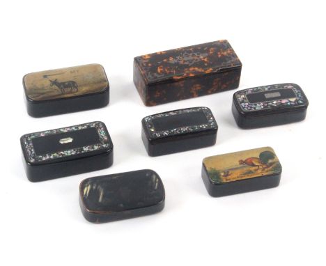 Seven papier mache rectangular snuff boxes, comprising print decorated example 'Does Your Mother Know You're Out', 6.2cms, an