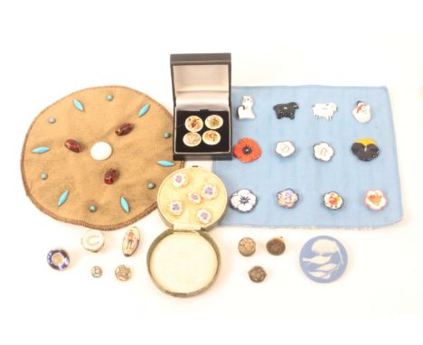 Buttons - ceramic and others, comprising a large blue jasper bird and nest button, 4.5cms, a set of five floral and gilt porc