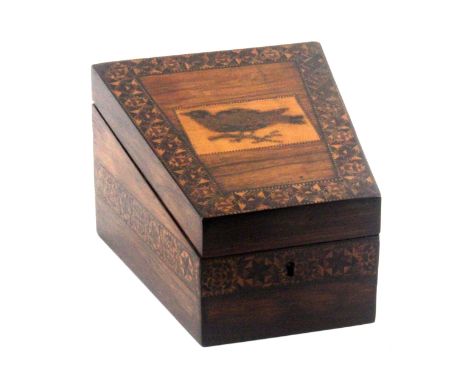 A Tunbridge ware rosewood stationery box, of trapezoid form, the lid with rectangular panel inset with a mosaic of a bird on 