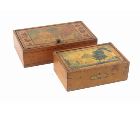 Two early Tunbridge ware white wood print and paint decorated rectangular boxes, the larger with plain line decorated sides, 