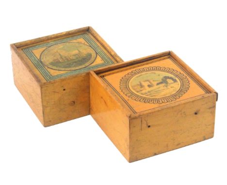 Two early Tunbridge ware white wood print and paint decorated reel boxes, both of square form with sliding lids and plain sid