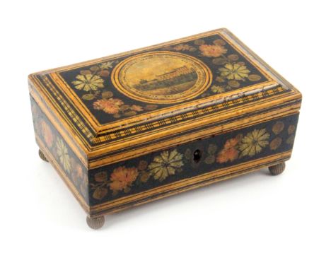 An early Tunbridge ware print, pen and paint decorated small sewing box of sarcophagol form, the sides painted with flowers a