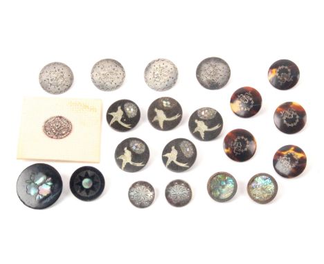 Buttons - various 19th Century buttons, comprising a set of five in horn, each inlaid with an engraved silver bird over a bir