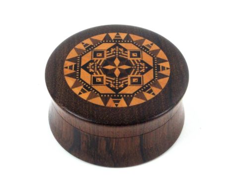 A Tunbridge ware turned rosewood circular snuff box by Thomas Barton, the inward curving sides below a slightly domed top ins