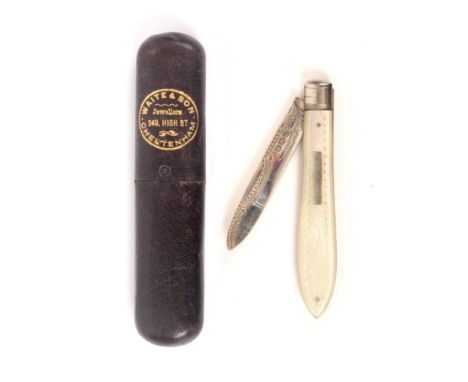 An attractive folding fruit knife in case, the knife with engraved mother of pearl scales, engraved silver blade, Sheffield 1