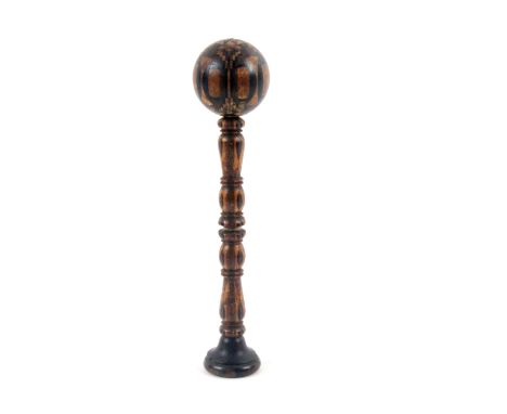 A rare Tunbridge stick ware bilboquet, the stick ware stem with plain turned rosewood base and spike, the ball in stick ware,