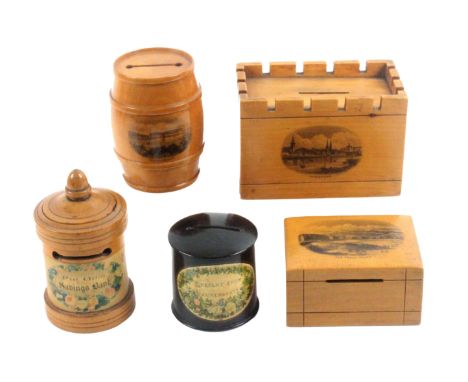 Mauchline ware, five money boxes, comprising a rectangular example with crenalated top (Inverness), 10.5cms, another with sli
