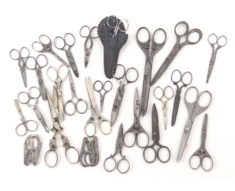Twenty six pairs of steel scissors, including four novices, four button holing and two folding, largest 18.5cms. (26) From th