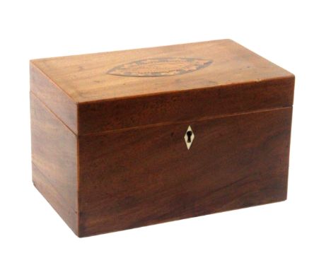 A Georgian mahogany tea caddy, circa 1820, of rectangular form, the lid inlaid with a conch shell in decorative oval border, 