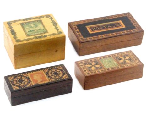 Three Tunbridge ware stamp boxes and another, comprising a rosewood rectangular example, the lid with two stick ware panels d