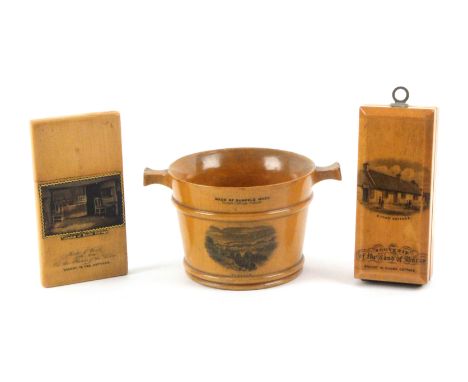 Mauchline ware - three pieces, comprising a card case pull top (Burns' Monument / Interior of Burns' Cottage / wavy gold on b